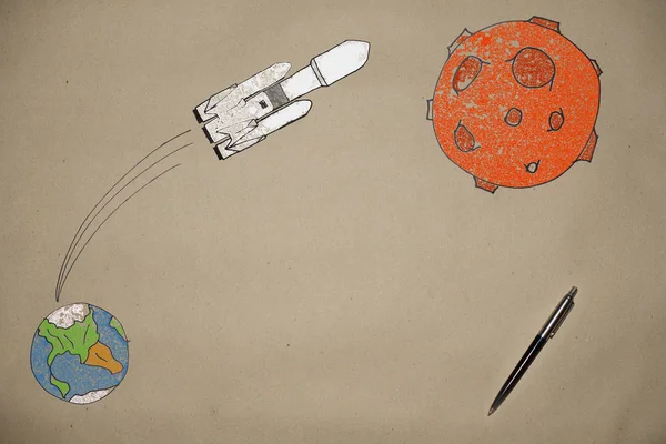 Desenho lançando um foguete falcão no espaço no fundo da terra — Fotografia de Stock