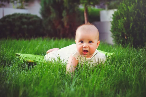 Niño de medio año se arrastra sobre la hierba en el patio, vestido con un vestido blanco se regocija, 6 meses. Concepto educación de los niños, bienes de los niños —  Fotos de Stock