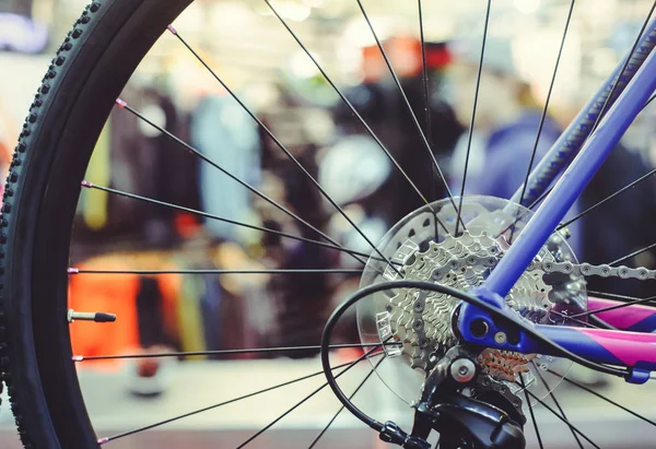 Närbild av en cykel kugghjul mekanism och kedja på bakhjulet på mountainbike. Bakhjulskassett från en mountainbike. Närbild detaljerad vy — Stockfoto