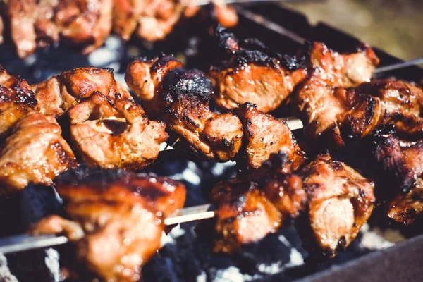 Sappige plakjes vlees bereiden in brand, shish kebab. Kebab op een spies gebakken op de grill buiten. Mannelijke Kaukasische houden een spit met vlees — Stockfoto