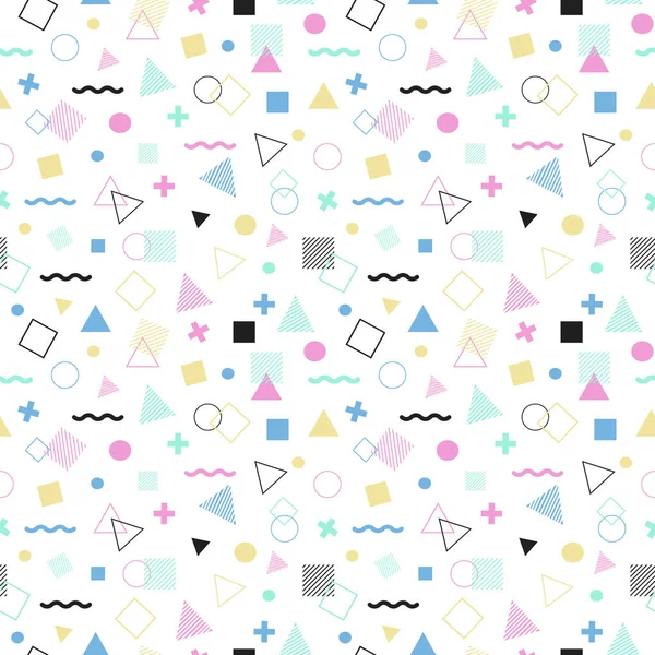 Satır geometrik farklı şekiller ve çizgiler oluşan geometrik Dikişsiz desen renk stili. Renkli geometrik seamless modeli. Hipster Memphis tarzı.