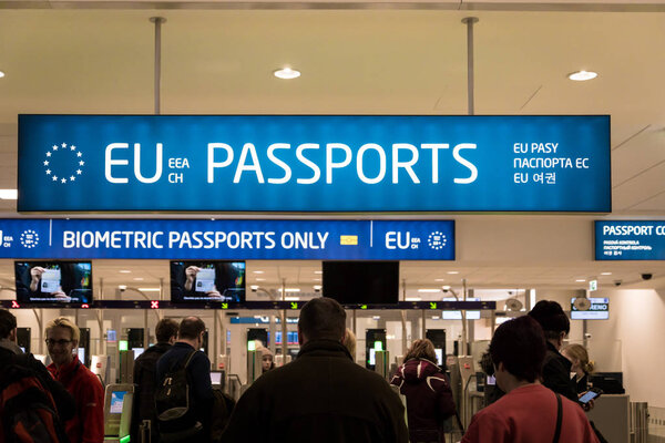 Prague, Czech Republic - December 2017: Passport control entrance area for EU and other passport holders at Prague Airport, Czech Republic.