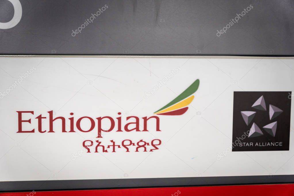 Beijing, China -November 2017: Ethiopian Airlines check-in counter. Ethiopian Airlines is the flag carrier of Ethiopia, Africa.