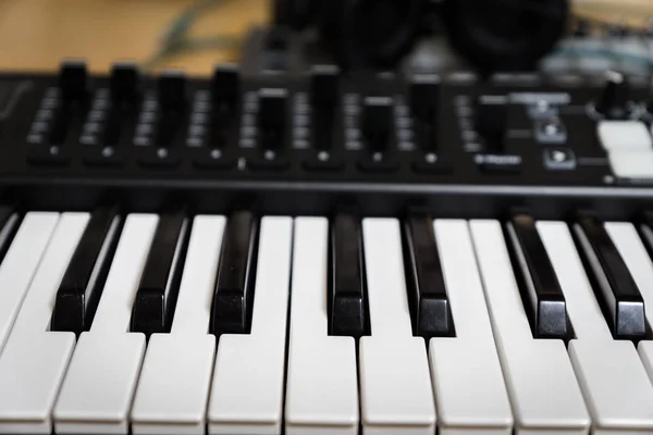 Midi Keyboard Synthesizer Piano Keys Closeup Electronic Music Production Recording — Stock Photo, Image