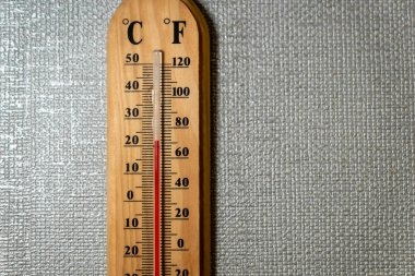 Beyaz duvardaki sıcaklık göstergesi / termometre - analog sıcaklık göstergesi kapat