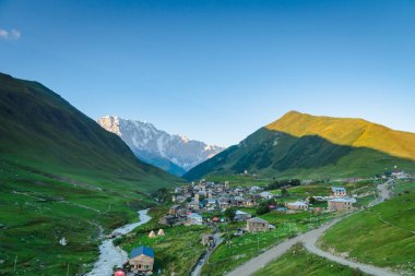 Svaneti, Georgia - August 2019: Ushguli village landscape at sunset in Svaneti region, Georgia. Ushguli, UNESCO world heritage site, is a popular tourist village in Svaneti, Georgia.  