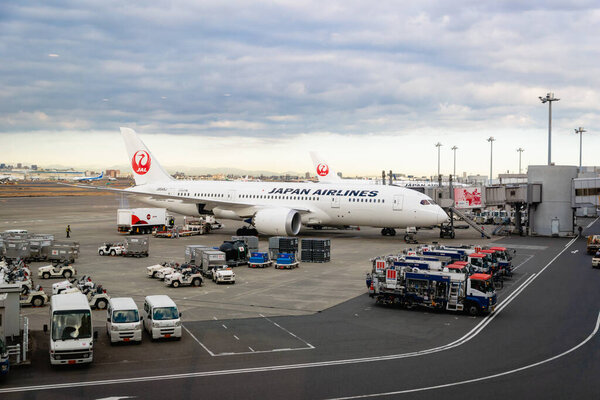 Tokyo, Japan - February 2020: JAL, Japan Airlines, aircraft on runway of Tokyo Haneda International Airport in Japan. JAL is an international airline, Japan's flag carrier