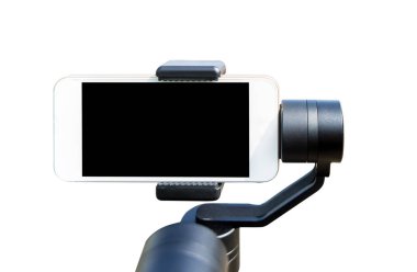 Smart phone with Blank screen on selfie stick isolated on white. The Blank screen on smart phone can be use to insert content and picture, while background can be any scene you desired. clipart