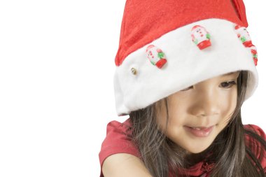 Vintage renkli Noel Baba kıyafetli Asyalı kız giyinmiş.