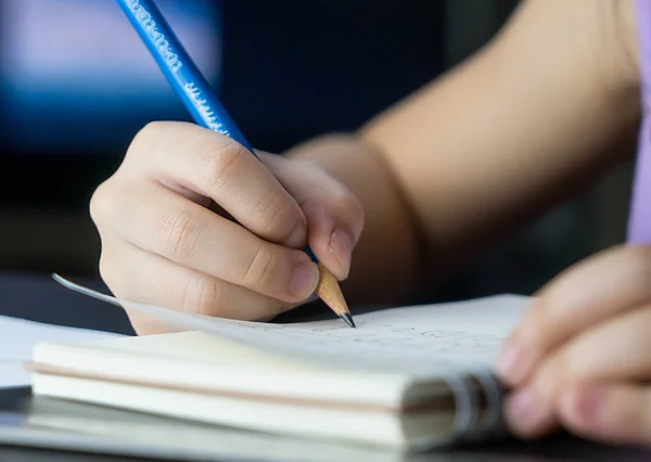 A mão da criança está usando lápis para praticar a escrita em um livro . Fotografia De Stock