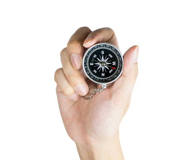 Handen med kompass för riktning isolerad på vit — Stockfoto