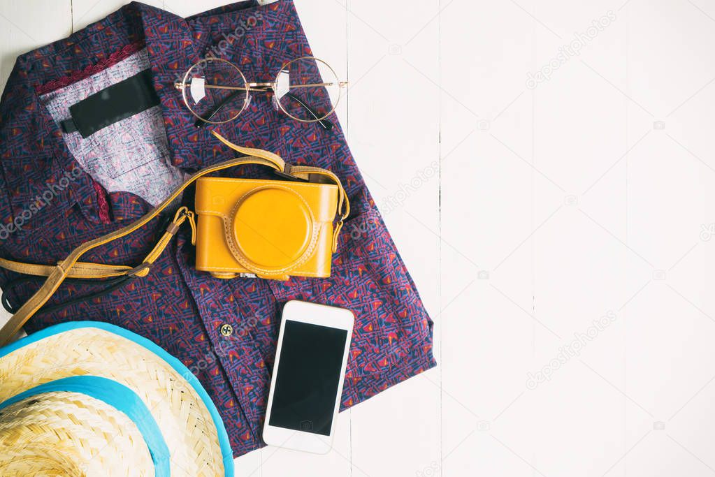 Summer travel fashion and accesories with copy space