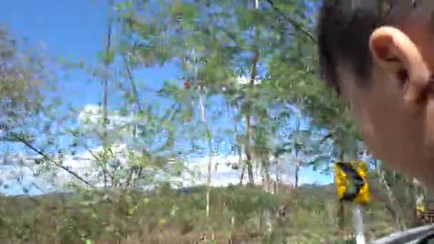 Criança pequena colocar a cabeça para fora de uma janela de carro em um passeio de montanha . — Vídeo de Stock