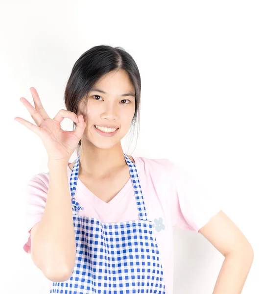 Cute asian housewife is ok and ready for work isoalted on white — Stock Photo, Image