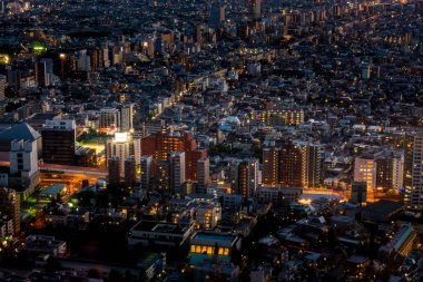 Tokyo metropol iş binalar neon ışık gece.