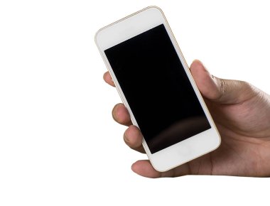 Beyaz bir smartphone üzerinde beyaz izole tutan el