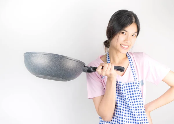 Cute House wife maid is holding Pan ready to cook for you. — Stock Photo, Image