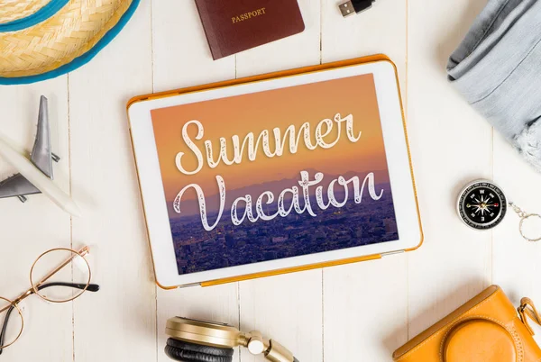 Summer Vacation on tablet with travel accessories — Stock Photo, Image