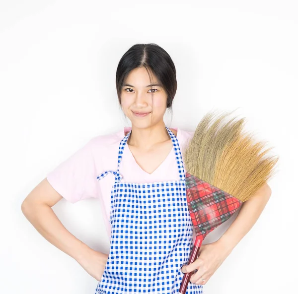 Asiatische Frauen ist bereit, Hausarbeit isoliert auf weiß zu tun — Stockfoto