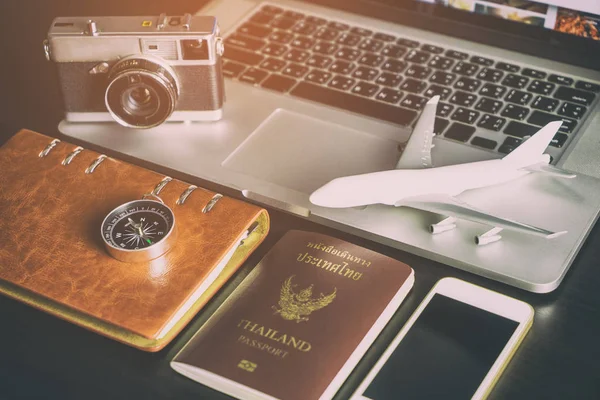 Travel Blogger Working desk in vitnage tone — Stock Photo, Image