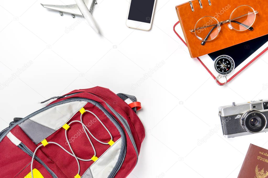 travel Backpacker is preparing stuff for vacation holiday travel top view