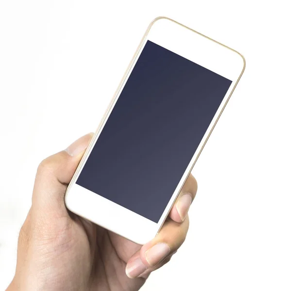มือซ้ายถือหน้าจอโทรศัพท์มือถือสีขาวว่างเปล่าแยกจากสีขาว — ภาพถ่ายสต็อก