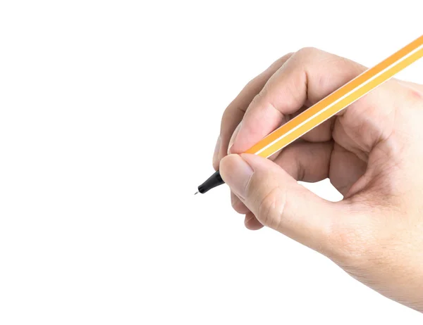 Hand met gele pen schrijven op wit copy ruimte geïsoleerd Rechtenvrije Stockfoto's