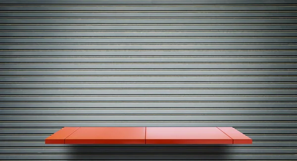 Empty Red Metal shelf on grungy metal gate background