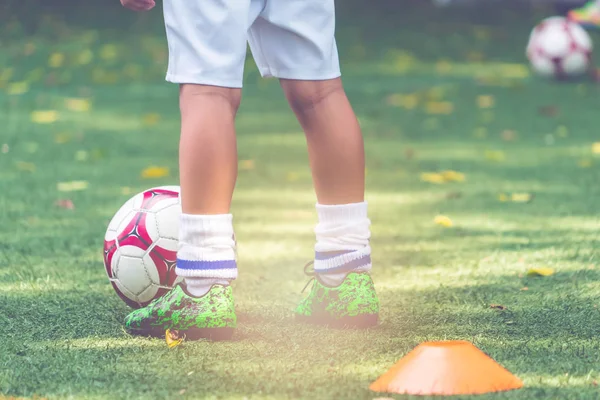 Маленький мальчик стоит на футбольном поле с футболом в руках. — стоковое фото