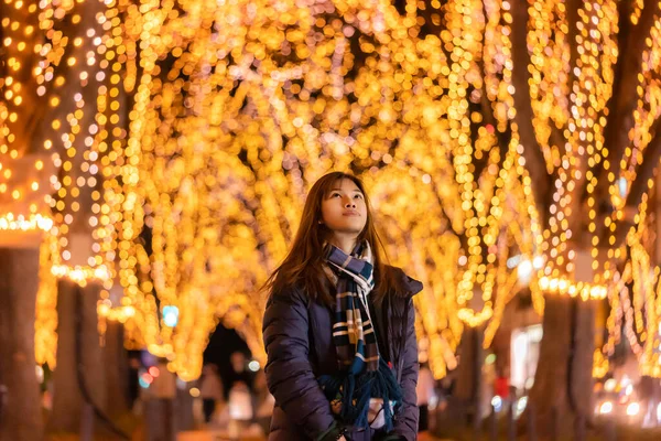 Hermoso Retrato Mujer Ropa Invierno Por Noche Festival Navidad Jozenji —  Fotos de Stock