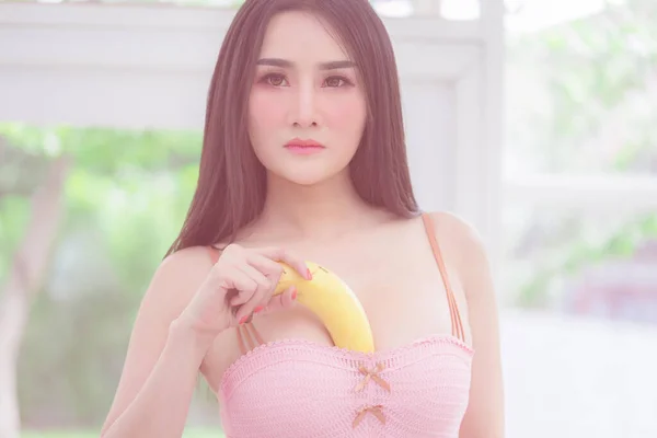 Woman Playing Banana Sex Sensuality Concept — Stock Photo, Image