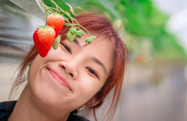 Mujer Está Publicando Oliendo Fresa Sendai Granja Fresas Hidropónicas Concepto — Foto de Stock