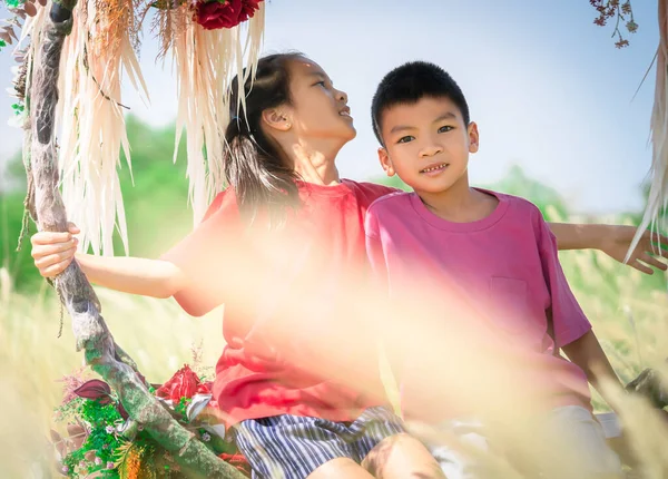 Dos Hermanos Asiáticos Niños Balancea Columpio Flores Campo Naturaleza Para — Foto de Stock