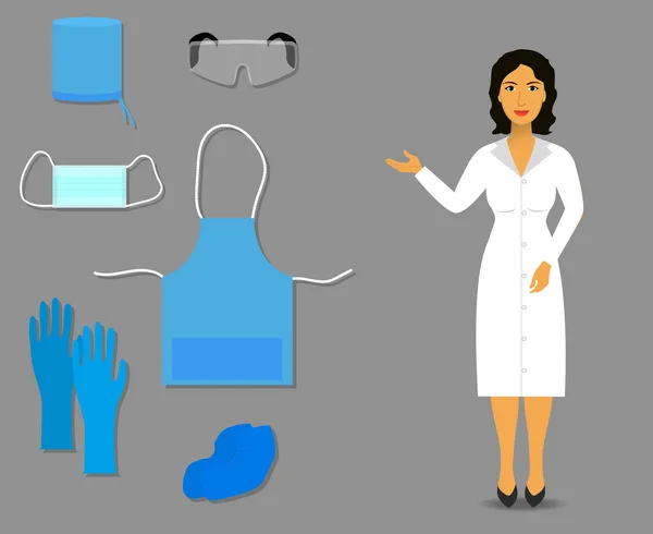 Enfermera muestra ropa médica y accesorios para el trabajo — Vector de stock