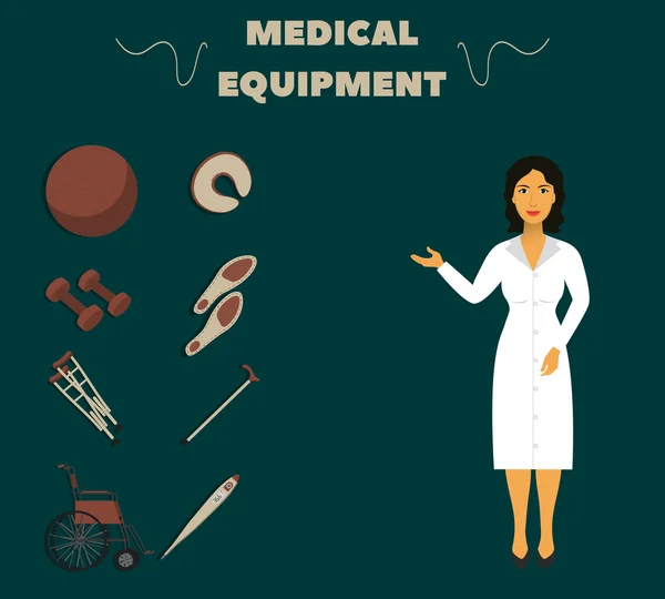 Trabalhador médico em casaco branco demonstra equipamentos médicos — Vetor de Stock