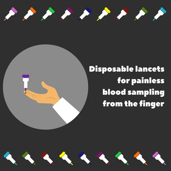 Illustrazione vettoriale della mano e lancette monouso per il campionamento del sangue indolore dal dito . — Vettoriale Stock