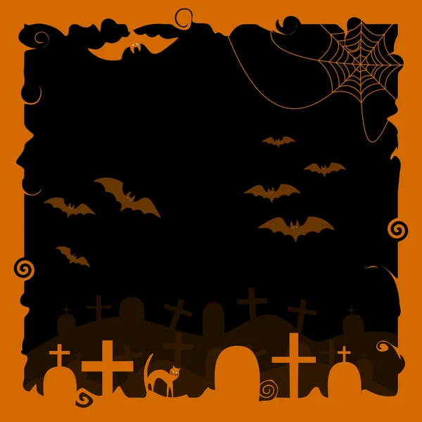 Хэллоуин на фоне силуэта черной кошки, летучих мышей, паутины и помидоров — стоковый вектор