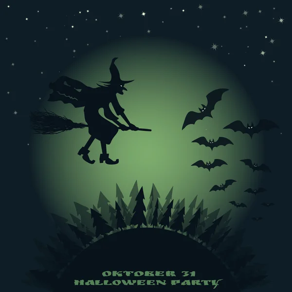 Хэллоуин. изображение полета над лесной ведьмой на метле и летучих мышей на фоне луны — стоковый вектор