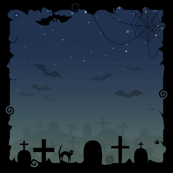Хэллоуин фон с силуэтами паутины, летучих мышей и надгробий — стоковый вектор