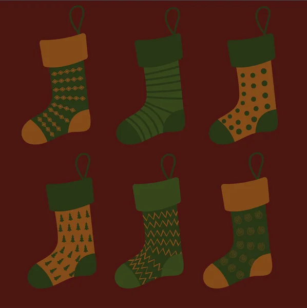 Turuncu ve yeşil renklerde farklı desenleri ile Noel çorap kümesi — Stok Vektör