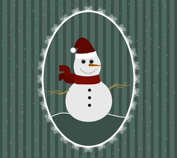 Kardan adam kırmızı Santa şapka ve atkı desenli çerçeve içinde çizimi — Stok Vektör