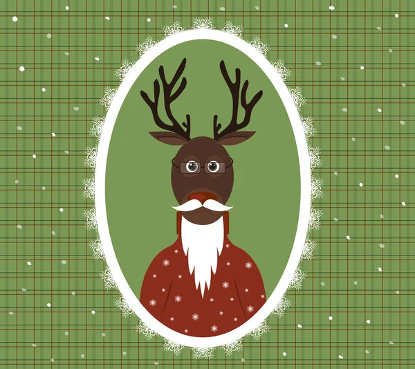 Illustration d'un cerf âgé avec une barbe, des lunettes et un cardigan dans un cadre à motifs — Image vectorielle