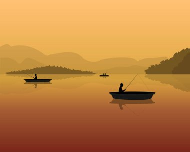siluet su balıkçılık çubuklar ile bir tekne içinde balıkçıların. dağlar, orman ve sunse manzara