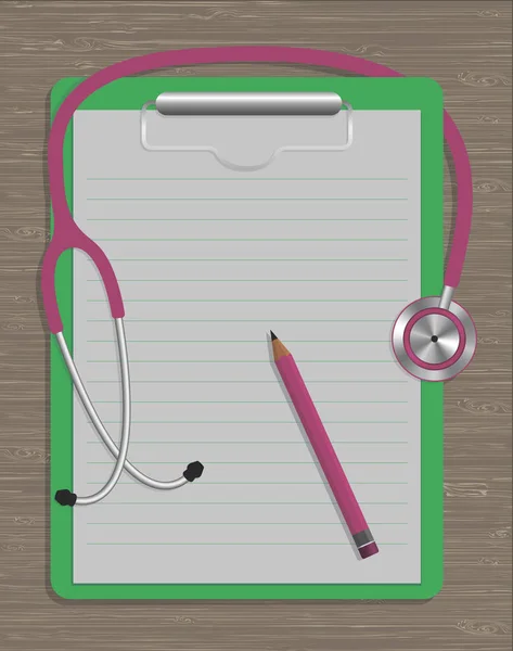 medical stethoscope, note pad and pencil on wood texture