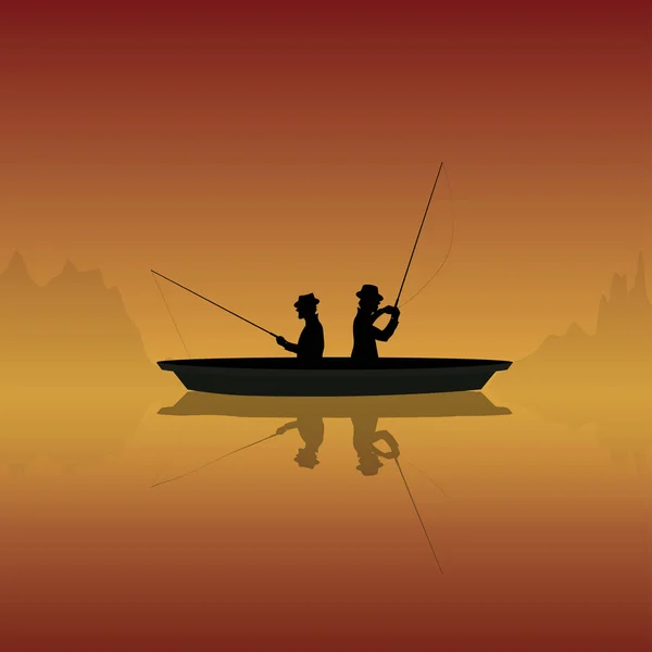 Silhouette of fishermen with fishing rods in a boat on a sunset background — Stock Vector