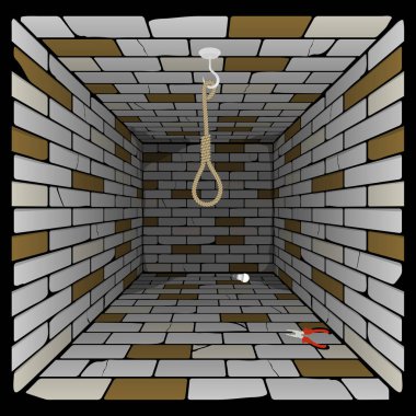 brick box in perspective. 3d room with a hook on the ceiling and a rope for gibbet clipart