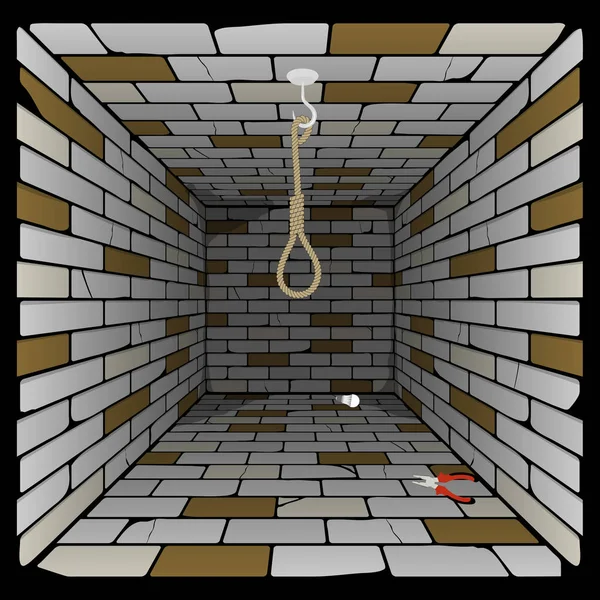 Brick box in perspective. 3d room with a hook on the ceiling and a rope for gibbet — Stock Vector