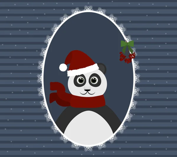 Panda w Santa hat w ażurowe ramki. Nowy rok tło — Wektor stockowy