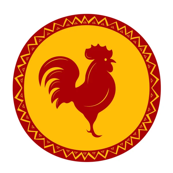 Silhouette di gallo in una cornice rotonda con un ornamento — Vettoriale Stock