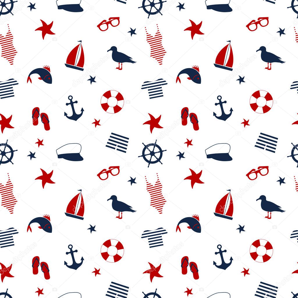 Seamless pattern in a marine style. accessories for a beach holiday. vector
